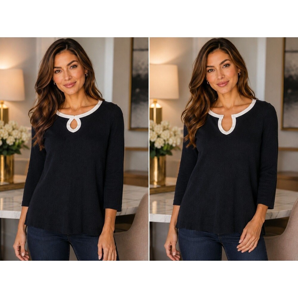 Dressbarn Sweater Womens Small Black 3/4 Sleeve Studded Trim Pullover Knit Top